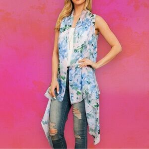 Riah Fashion Blue Floral Sleeveless Waterfall Cardigan Vest Women’s One Size